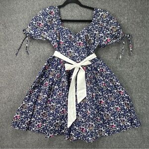 Unique Vintage Dress Womens Large Blue Mushroom Rooster Puff Sleeve Fit & Flare